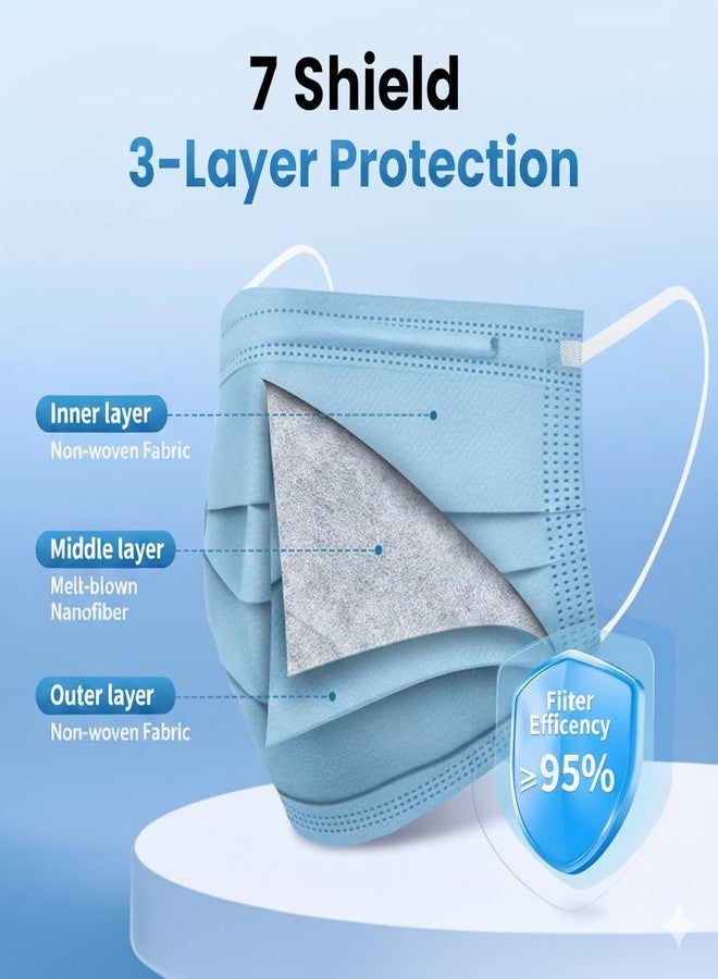 7Shield Face Mask | Disposable Safety Masks for Women & Men | ISO CE GMP SITRA Certified Soft Fabric Spandex Earloop strings, Comfortable & Secure Face Masks (Blue-200) - Image 4